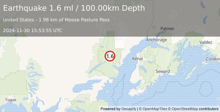 Earthquake 77 km NE of Port Alsworth, Alaska (1.6 ml) (2024-11-30 15:53:55 UTC)