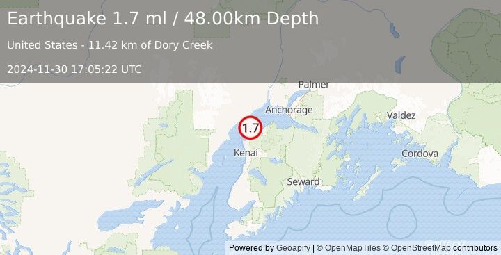 Earthquake 14 km S of Tyonek, Alaska (1.7 ml) (2024-11-30 17:05:22 UTC)