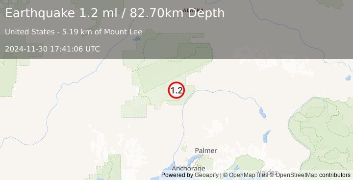 Earthquake 44 km NNE of Petersville, Alaska (1.2 ml) (2024-11-30 17:41:06 UTC)