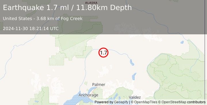 Earthquake 72 km S of Cantwell, Alaska (1.7 ml) (2024-11-30 18:21:14 UTC)