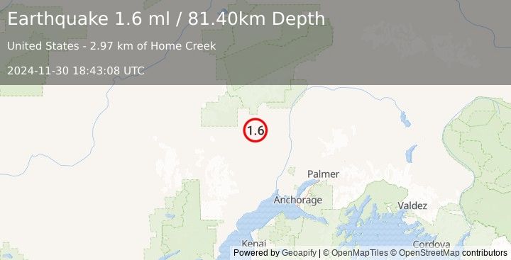 Earthquake 29 km NNE of Skwentna, Alaska (1.6 ml) (2024-11-30 18:43:08 UTC)