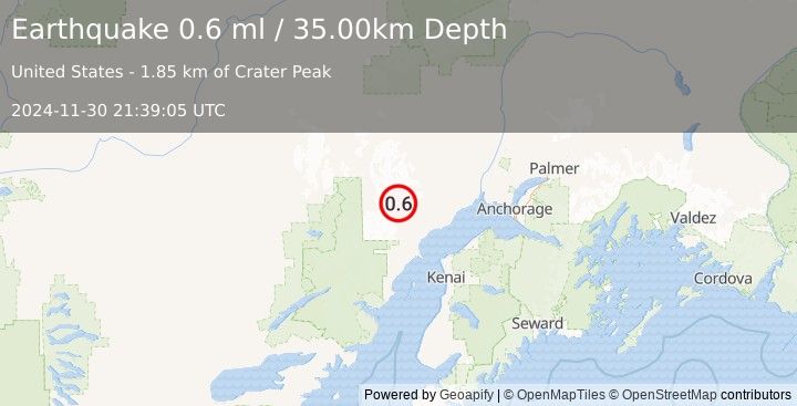 Earthquake 61 km WNW of Tyonek, Alaska (0.6 ml) (2024-11-30 21:39:05 UTC)