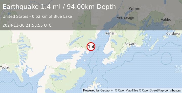 Earthquake 63 km WNW of Anchor Point, Alaska (1.4 ml) (2024-11-30 21:58:55 UTC)