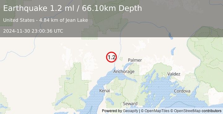 Earthquake 22 km NW of Susitna, Alaska (1.2 ml) (2024-11-30 23:00:36 UTC)