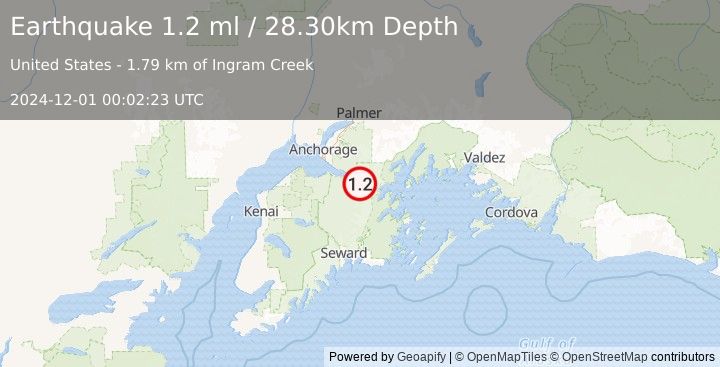 Earthquake 11 km SSE of Girdwood, Alaska (1.2 ml) (2024-12-01 00:02:23 UTC)