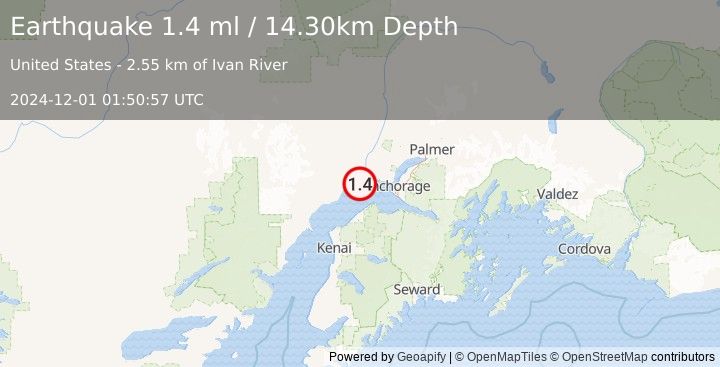 Earthquake 23 km ENE of Beluga, Alaska (1.4 ml) (2024-12-01 01:50:57 UTC)