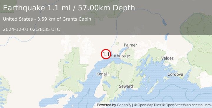 Earthquake 17 km NNE of Beluga, Alaska (1.1 ml) (2024-12-01 02:28:35 UTC)