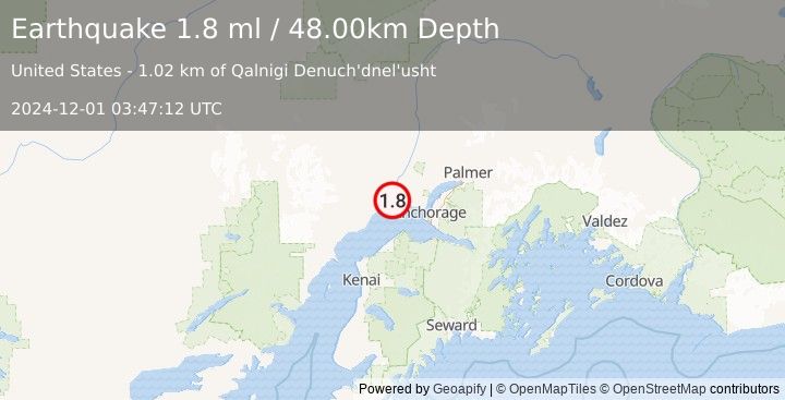 Earthquake 24 km SSW of Susitna, Alaska (1.8 ml) (2024-12-01 03:47:12 UTC)