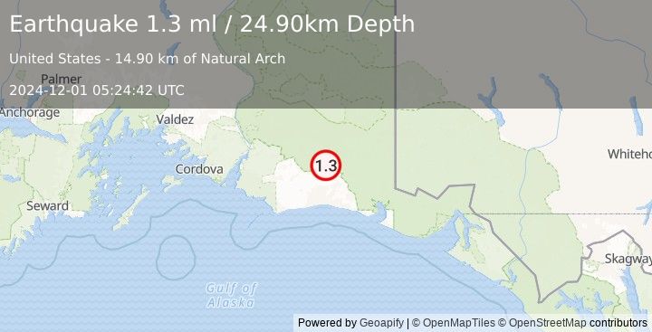 Earthquake 96 km S of McCarthy, Alaska (1.3 ml) (2024-12-01 05:24:42 UTC)