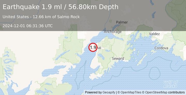 Earthquake 15 km WSW of Salamatof, Alaska (1.9 ml) (2024-12-01 06:31:36 UTC)