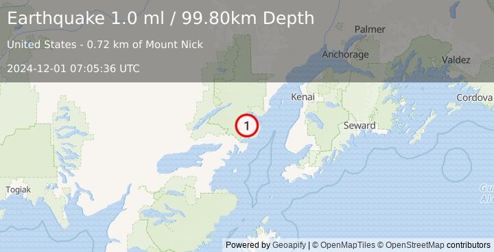 Earthquake 68 km ENE of Pedro Bay, Alaska (1.0 ml) (2024-12-01 07:05:36 UTC)