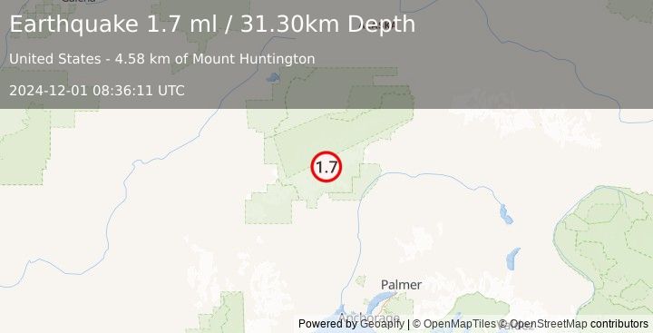 Earthquake 48 km N of Petersville, Alaska (1.7 ml) (2024-12-01 08:36:11 UTC)