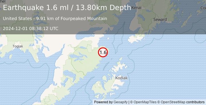 Earthquake 88 km SE of Kokhanok, Alaska (1.6 ml) (2024-12-01 08:38:12 UTC)