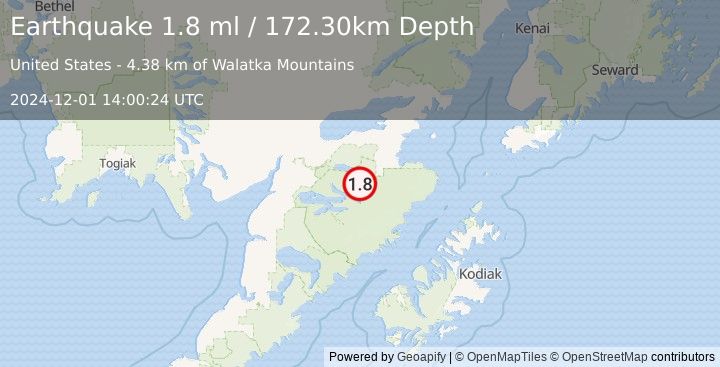 Earthquake 69 km SSW of Kokhanok, Alaska (1.8 ml) (2024-12-01 14:00:24 UTC)