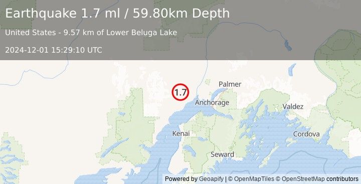 Earthquake 34 km NNW of Beluga, Alaska (1.7 ml) (2024-12-01 15:29:10 UTC)