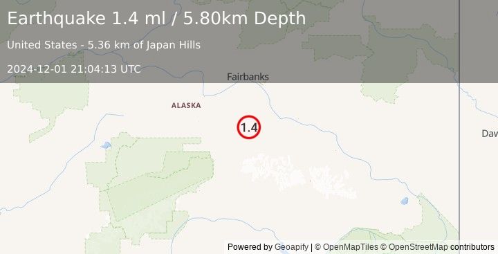 Earthquake 56 km SW of Salcha, Alaska (1.4 ml) (2024-12-01 21:04:13 UTC)