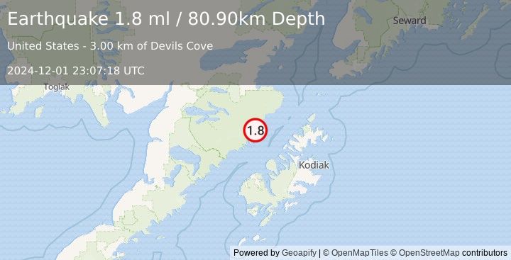 Earthquake 83 km WNW of Aleneva, Alaska (1.8 ml) (2024-12-01 23:07:18 UTC)