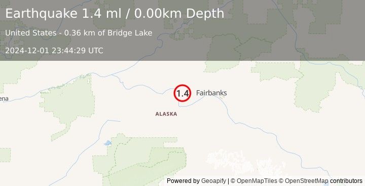 Earthquake 26 km NNE of Four Mile Road, Alaska (1.4 ml) (2024-12-01 23:44:29 UTC)