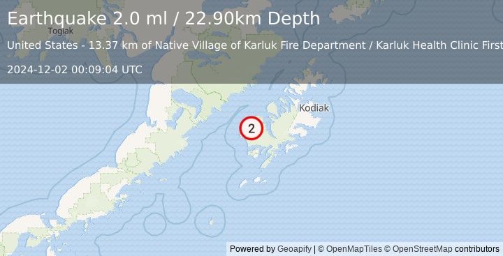 Earthquake 14 km SSE of Karluk, Alaska (2.0 ml) (2024-12-02 00:09:04 UTC)