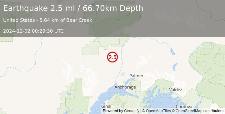 Earthquake 30 km WSW of Trapper Creek, Alaska (2.5 ml) (2024-12-02 00:29:30 UTC)