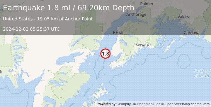 Earthquake 21 km W of Anchor Point, Alaska (1.8 ml) (2024-12-02 05:25:37 UTC)