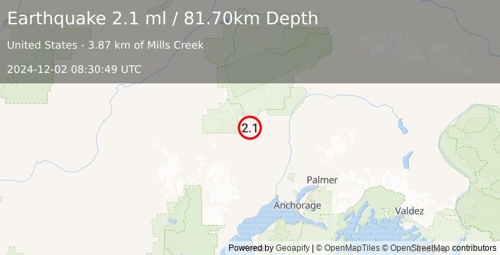 Earthquake 35 km WSW of Petersville, Alaska (2.1 ml) (2024-12-02 08:30:49 UTC)