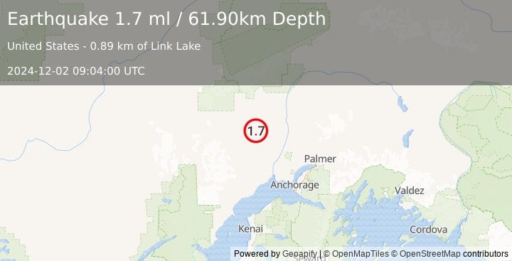 Earthquake 16 km E of Skwentna, Alaska (1.7 ml) (2024-12-02 09:04:00 UTC)