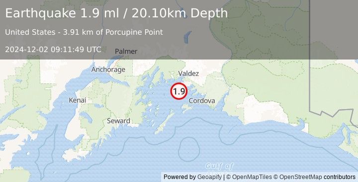 Earthquake 13 km SSW of Tatitlek, Alaska (1.9 ml) (2024-12-02 09:11:49 UTC)