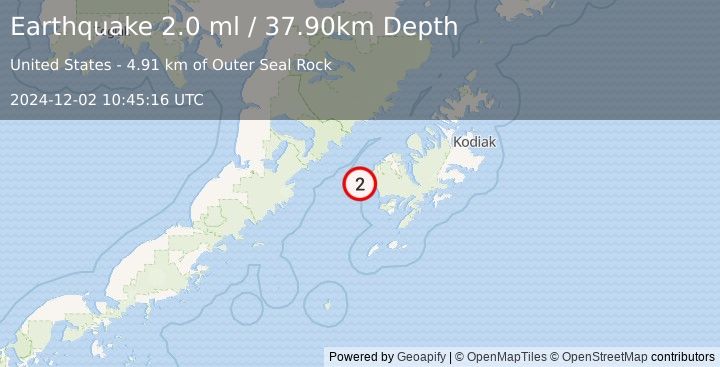 Earthquake 41 km SW of Karluk, Alaska (2.0 ml) (2024-12-02 10:45:16 UTC)