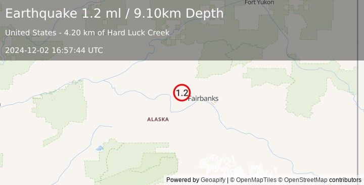 Earthquake 31 km WNW of Ester, Alaska (1.2 ml) (2024-12-02 16:57:44 UTC)