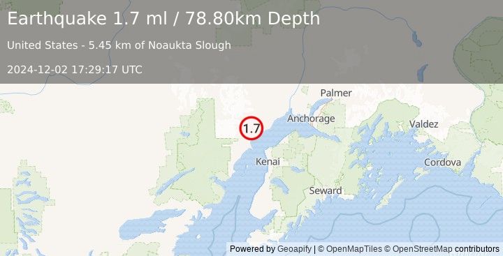 Earthquake 34 km W of Tyonek, Alaska (1.7 ml) (2024-12-02 17:29:17 UTC)