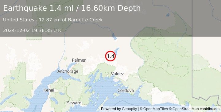 Earthquake 28 km SE of Eureka Roadhouse, Alaska (1.4 ml) (2024-12-02 19:36:35 UTC)