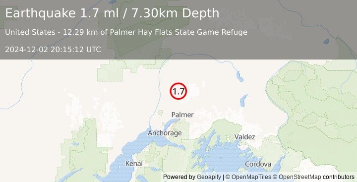 Earthquake 30 km ESE of Susitna North, Alaska (1.7 ml) (2024-12-02 20:15:12 UTC)