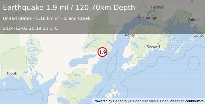 Earthquake 43 km ENE of Pedro Bay, Alaska (1.9 ml) (2024-12-02 20:19:25 UTC)