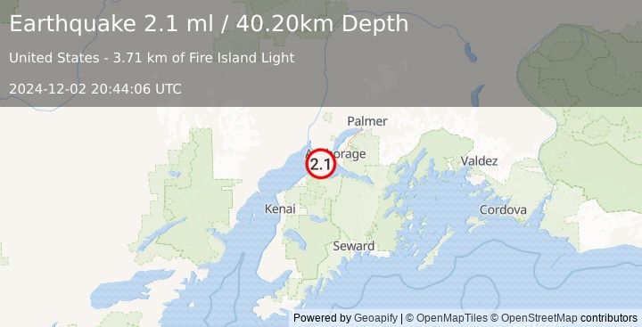 Earthquake 23 km SW of Anchorage, Alaska (2.1 ml) (2024-12-02 20:44:06 UTC)