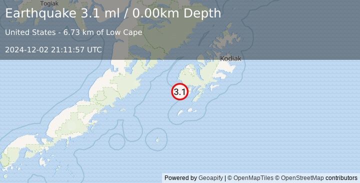 Earthquake 28 km WNW of Akhiok, Alaska (3.1 ml) (2024-12-02 21:11:57 UTC)