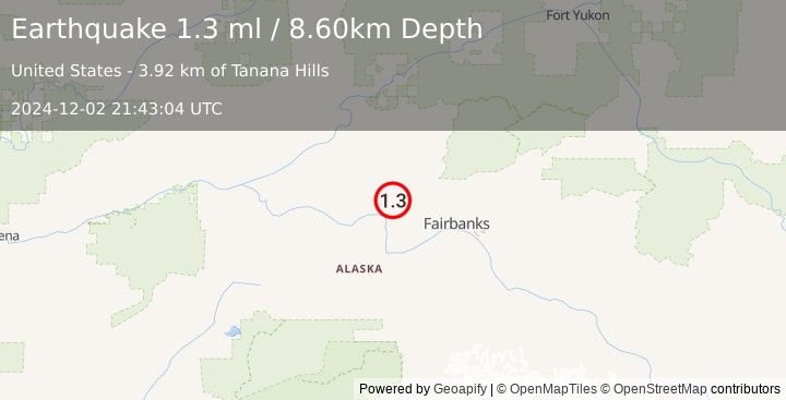 Earthquake 21 km SE of Minto, Alaska (1.3 ml) (2024-12-02 21:43:04 UTC)