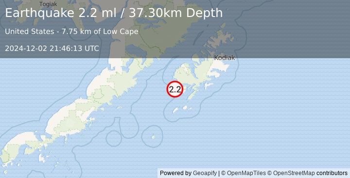 Earthquake 29 km WNW of Akhiok, Alaska (2.2 ml) (2024-12-02 21:46:13 UTC)