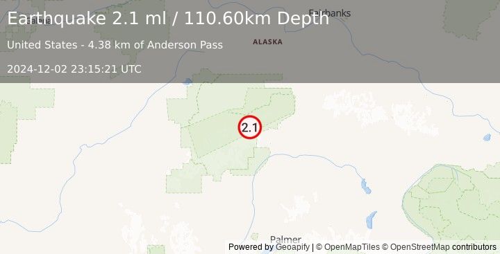 Earthquake 66 km WSW of Cantwell, Alaska (2.1 ml) (2024-12-02 23:15:21 UTC)