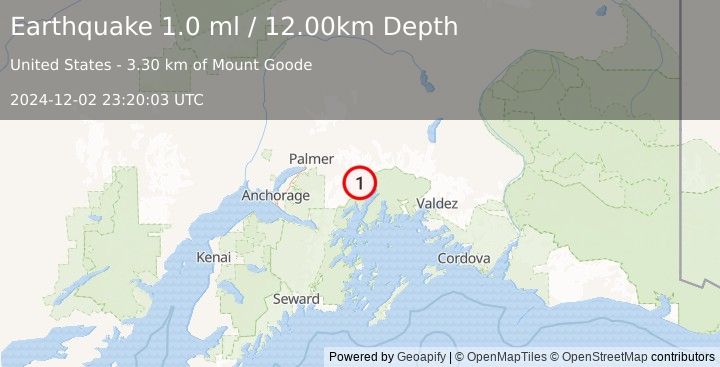 Earthquake 48 km ESE of Knik River, Alaska (1.0 ml) (2024-12-02 23:20:03 UTC)