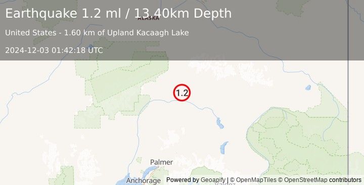 Earthquake 56 km SE of Cantwell, Alaska (1.2 ml) (2024-12-03 01:42:18 UTC)