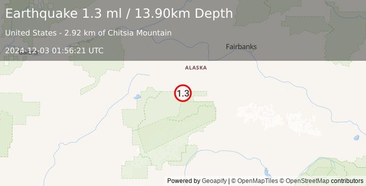 Earthquake 55 km W of Ferry, Alaska (1.3 ml) (2024-12-03 01:56:21 UTC)