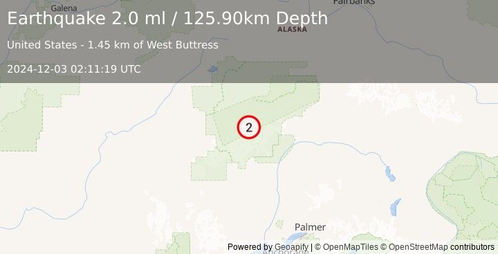 Earthquake 62 km SSE of Denali National Park, Alaska (2.0 ml) (2024-12-03 02:11:19 UTC)