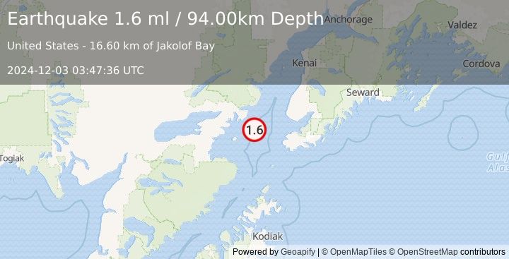 Earthquake 53 km WNW of Nanwalek, Alaska (1.6 ml) (2024-12-03 03:47:36 UTC)