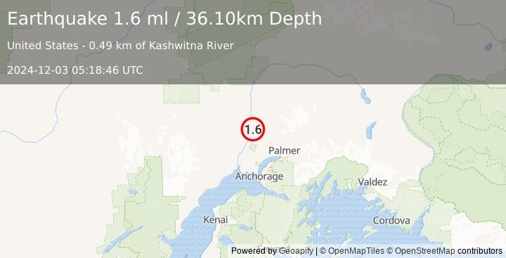 Earthquake 18 km N of Willow, Alaska (1.6 ml) (2024-12-03 05:18:46 UTC)