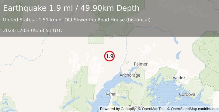 Earthquake 13 km S of Skwentna, Alaska (1.9 ml) (2024-12-03 05:58:51 UTC)