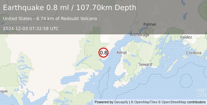 Earthquake 73 km W of Salamatof, Alaska (0.8 ml) (2024-12-03 07:32:58 UTC)