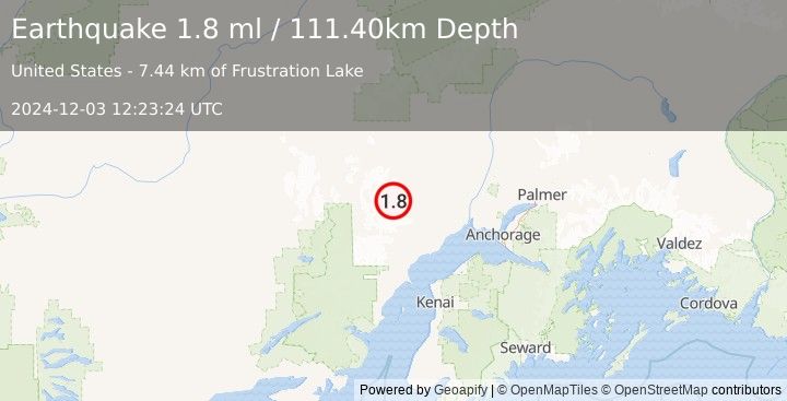 Earthquake 62 km SW of Skwentna, Alaska (1.8 ml) (2024-12-03 12:23:24 UTC)