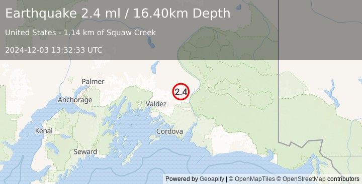 Earthquake 31 km S of Tonsina, Alaska (2.4 ml) (2024-12-03 13:32:33 UTC)