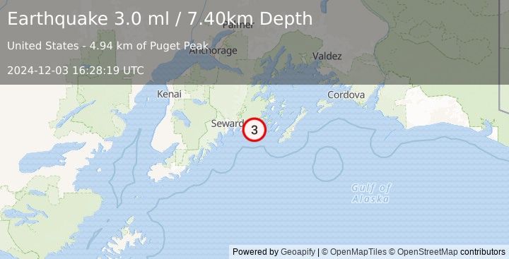 Earthquake 33 km WSW of Chenega, Alaska (3.0 ml) (2024-12-03 16:28:19 UTC)